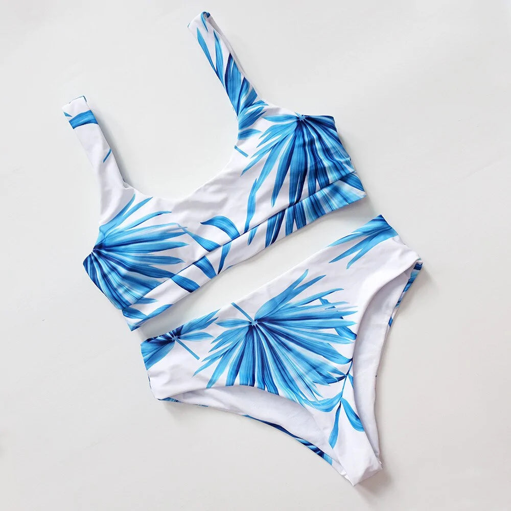 Bikini de cintura alta con hoja de palma tropical con cuello redondo