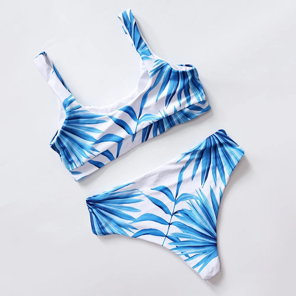 Bikini de cintura alta con hoja de palma tropical con cuello redondo