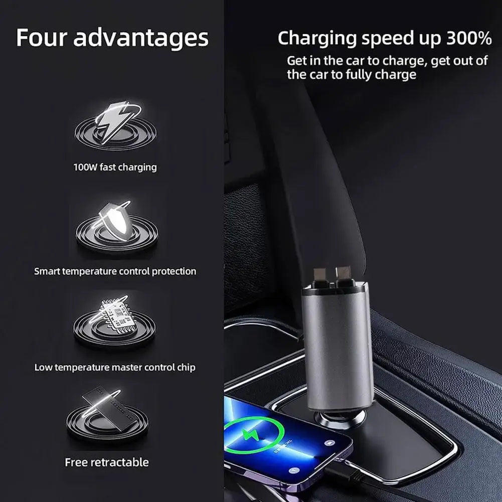 Versatile 100W Car ChargerWwith Retractable Cable