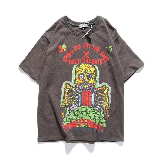 Camiseta holgada informal con estampado de calaveras de gran tamaño para hombre