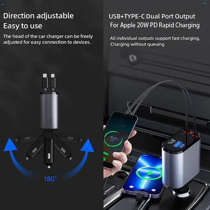 Versatile 100W Car ChargerWwith Retractable Cable