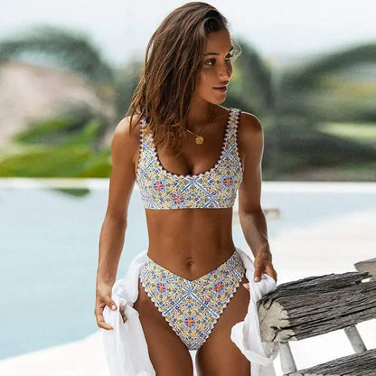 Traje de baño de cintura alta con bikini estampado para mujer