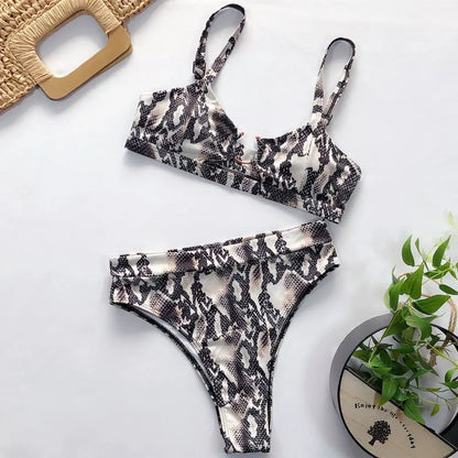 Conjunto de bikini de cintura alta con estampado de leopardo y serpiente